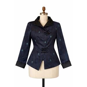 VTG Dragon Silk Jacket Peacock Feather Frog Closure Xxl Turquoise Black Mandarin